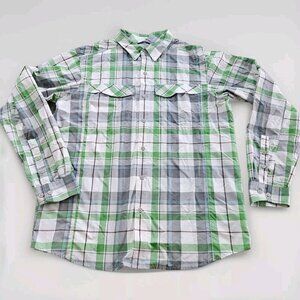 Columbia Shirt Men L Plaid LS Roll Up Tab Pockets Outdoor Sun Protect Vents Mesh